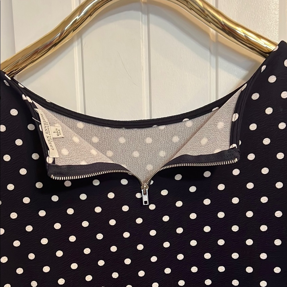 GREEN ENVELOPE Women's Large Blue with White Dots  Bell Sleeve Top - Picture 7 of 9